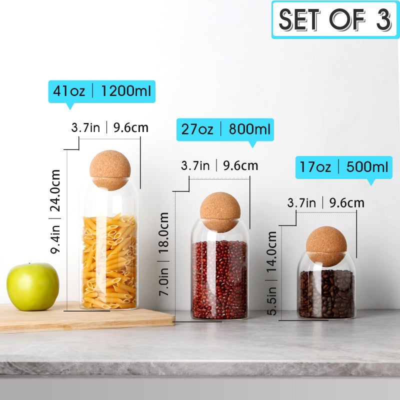 NUTRIUPS Storage Glass Jar with Ball Cork Lid, 3Pcs Glass Canisters with Cork Ball, Cute Decorative Round Jars with Wood Lid 500 ML/17Oz,800ML/27Oz,1200ML/41Oz - Image 2